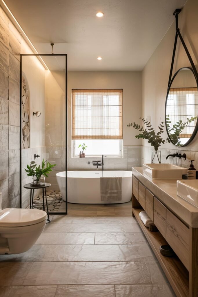 A cozy contemporary japandi bathroom with a geometric mirror, light-colored large format tiles, a freestanding bathtub, a walk-in shower, a small side table with a plant, and a floating double vanity with rectangular sinks and open shelving.
