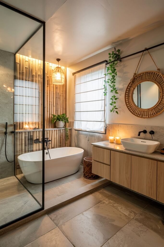 A cozy japandi bathroom with warm lighting, a bamboo wall feature, stone-effect floor tiles, a freestanding bathtub, a walk-in shower, a floating wooden vanity with a rectangular sink, a round rattan-framed mirror, trailing plants, and candles.