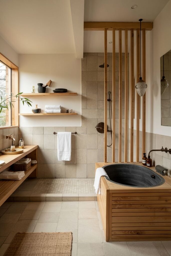A cozy japandi bathroom with an elevated area for a black deep soaking tub surrounded by wooden slatted panels, square and rectangular tiles, a shower area with a wooden divider, floating wooden shelves and a wooden vanity, and a woven rug.