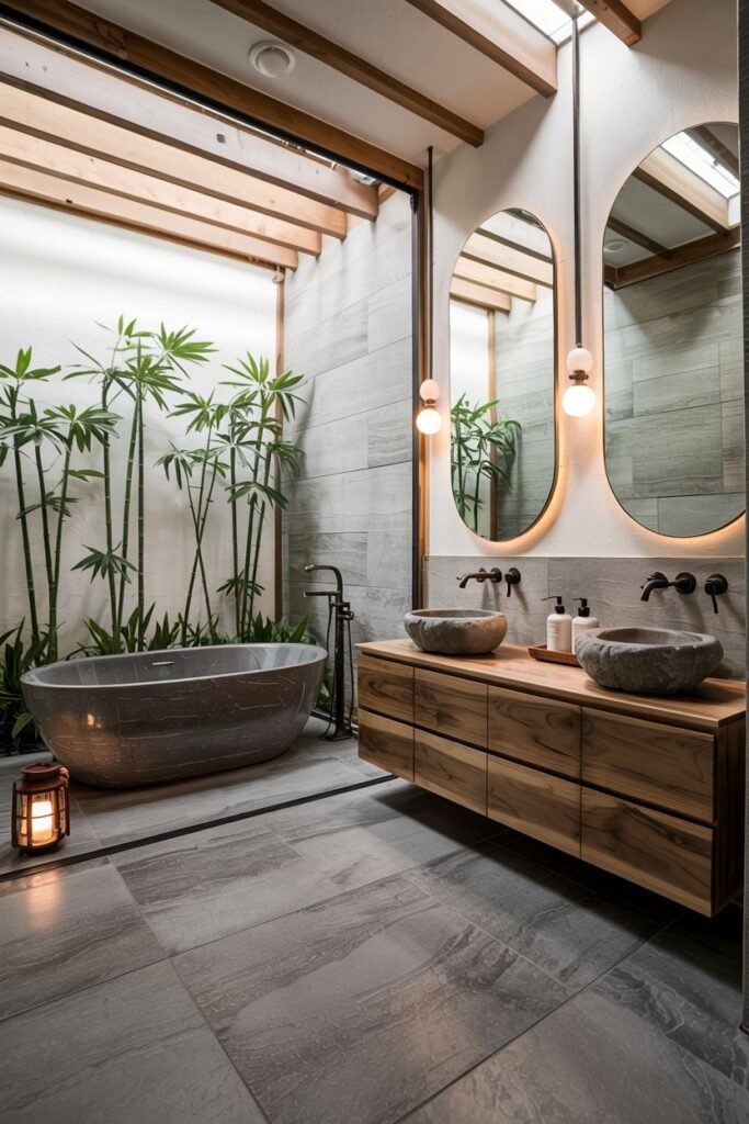 A cozy japandi bathroom with an opening to a bamboo garden area, a textured stone bathtub and basins, a wooden vanity, large oval mirrors, spherical pendant lights, and large format grey floor tiles.