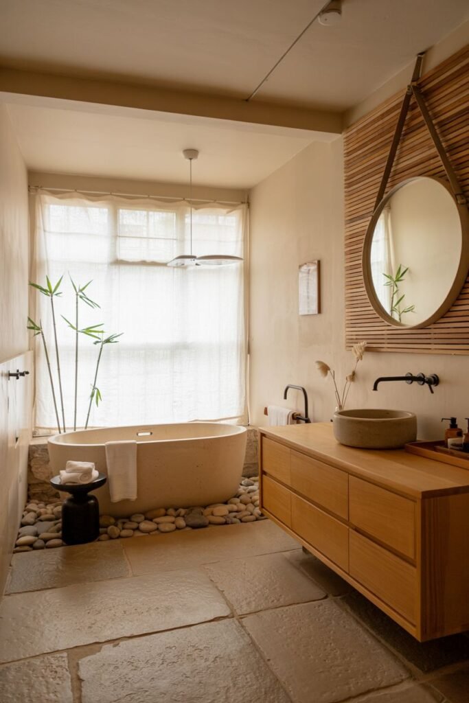 A cozy japandi bathroom maximizing natural light from a large window with a translucent curtain, featuring large irregular natural stone floor tiles, a freestanding bathtub surrounded by white river stones, a floating wooden vanity with a stone basin sink, and bamboo stalks and dried grasses.