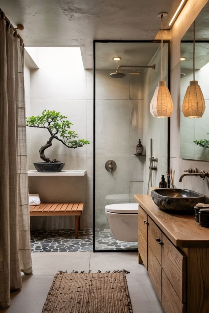 A cozy japandi bathroom with a walk-in shower featuring a river stone floor, a bonsai tree on a shelf, a wooden bench in the shower, light-colored wall tiles, a floating wooden vanity with a stone basin sink, a mirror with integrated lighting, pendant lights with textured shades, and a woven rug.
