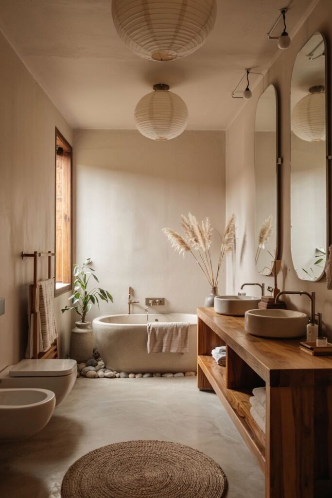 A cozy japandi bathroom with soft wall colors, a freestanding tub surrounded by white river stones, round double basins, a simple wooden vanity with open shelving, a round woven rug, and a large round paper lantern.