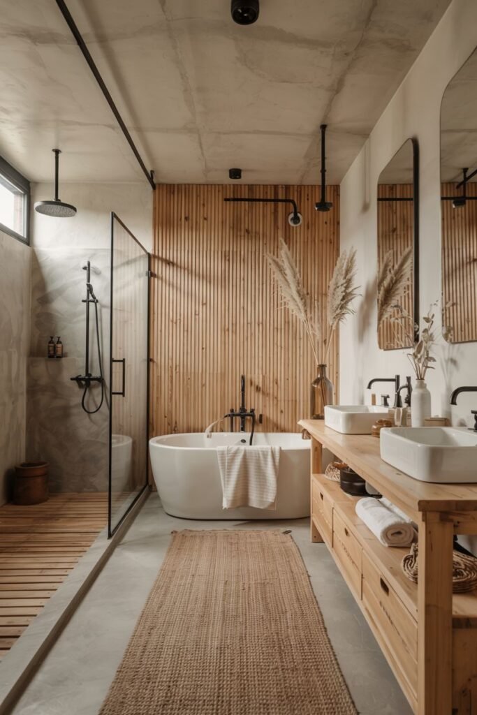 A cozy japandi bathroom combining concrete walls and ceiling with a feature wall of vertical wooden slats, wooden slats on the shower floor, a freestanding bathtub, a walk-in shower, a double wooden vanity with drawers and white rectangular sinks, dried grasses, and a woven rug.