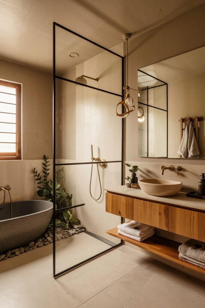 A cozy minimalist japandi bathroom with smooth light-colored walls and floor, a walk-in shower area with a glass and metal frame, a textured stone bathtub in an integrated planter area with plants and river stones, a floating wooden vanity with open shelving and a stone basin sink, and wall-mounted brass fixtures.