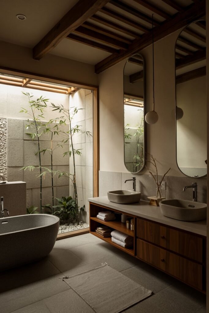 A cozy japandi bathroom featuring an integrated indoor garden with bamboo visible through a large window, a stone bathtub, concrete basins on a light countertop, a wood vanity, and large oval mirrors.