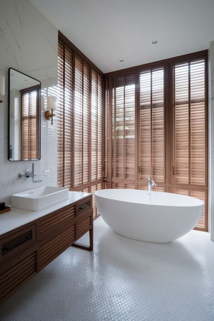 A cozy japandi bathroom featuring wooden slatted blinds covering large windows, white marble-effect wall tiles, small white hexagonal floor tiles, a modern white freestanding bathtub, and a dark wooden slatted vanity.