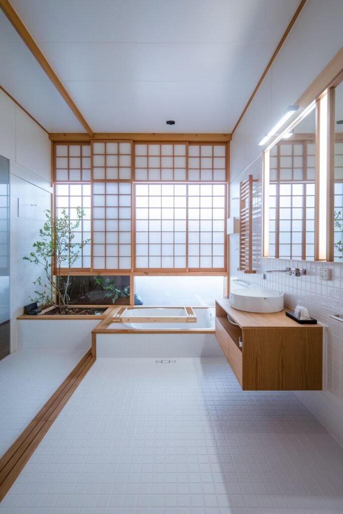 A cozy japandi bathroom with shoji-inspired screens on the windows, an elevated platform for the bathtub, light-colored tiles, a minimalist wooden vanity with a round sink, a large mirror, and a small tree in an indoor garden space.