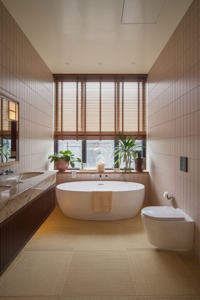 A cozy japandi bathroom with soft pink-toned rectangular wall tiles, a textured beige/brown floor tile, a white freestanding bathtub under a window with wooden blinds, a marble-topped dark wood vanity, and plants on the windowsill.