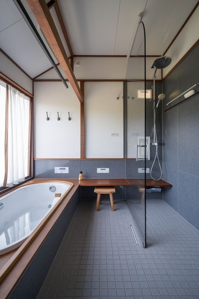 A cozy japandi bathroom with a built-in bathtub and a walk-in shower featuring grey square and large format tiles, a dark wood bench in the shower, a wooden edge around the tub, and simple wall hooks.