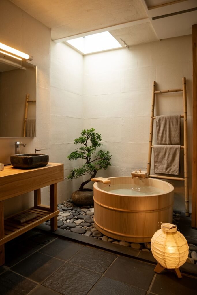 A cozy japandi bathroom showcasing a traditional round wooden soaking tub surrounded by dark river stones, a bonsai tree, dark square floor tiles, a simple wooden vanity with a stone basin, a bamboo ladder, and a soft paper lantern.