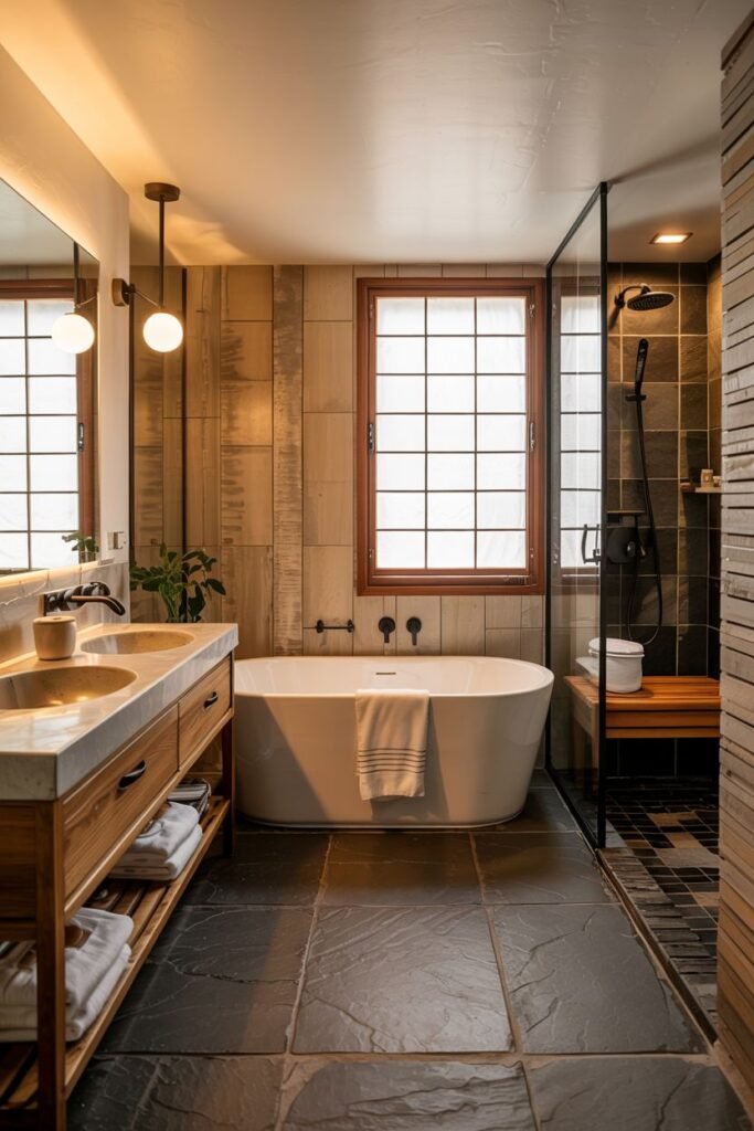 A cozy japandi bathroom combining wooden panels and grey tiles on the walls, dark grey floor tiles, a white freestanding bathtub, a walk-in shower with a glass partition and wooden bench, a double wooden vanity with marble tops and stone basins, and a shoji-inspired window grid.