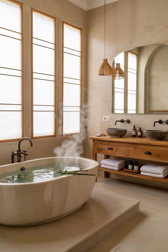 A cozy japandi bathroom featuring a steaming modern freestanding bathtub, light-colored textured walls, windows with translucent screens, a wooden vanity with concrete basins, a large arched mirror, and woven pendant lights.