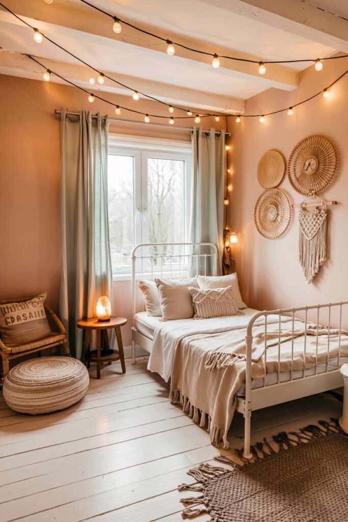 Cozy tiny bedroom decor with string lights draped across a peaked ceiling, woven wall accents, a white metal bed with layered bedding, and a textured rug, creating a warm and inviting atmosphere.