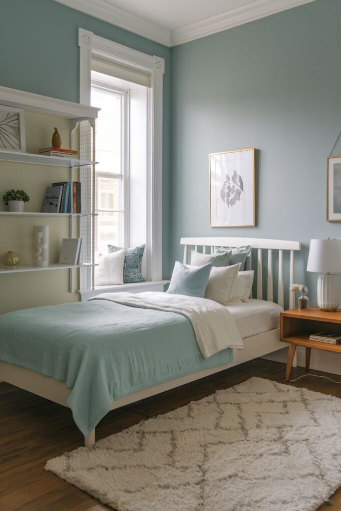 Cozy tiny bedroom decor featuring pastel blue walls, a classic white spindle bed, a wooden nightstand, and open shelving, creating a calm and inviting atmosphere with patterned pillows adding personality.