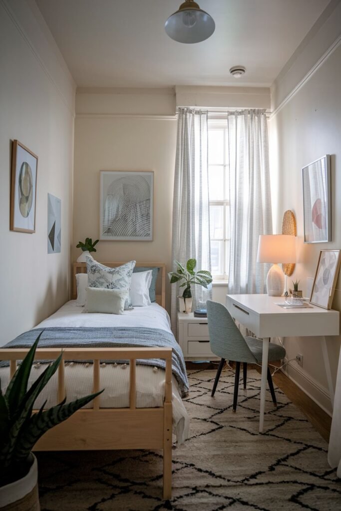 Cozy tiny bedroom decor in a narrow space, featuring a single bed, a compact desk near the window, minimalist artwork on the walls, and a textured rug, making the most of the limited area.