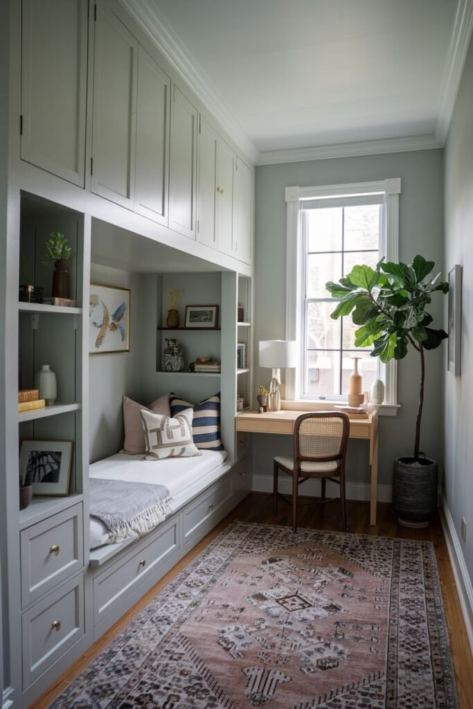 Cozy tiny bedroom decor centered around a built-in daybed with generous storage drawers underneath and surrounding shelving, including a dedicated workspace with a desk and chair, and a large potted plant.