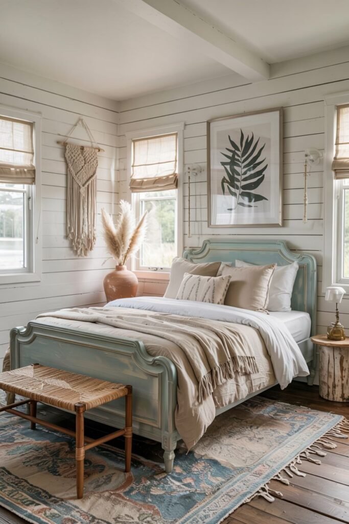 Cozy tiny bedroom decor with rustic wood paneling on the walls and bohemian accents like macrame wall hangings and a woven bench, featuring a vintage-style bed frame and a patterned rug.
