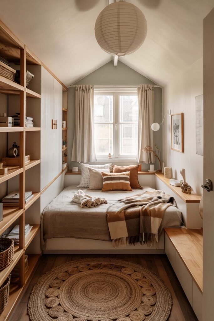 Cozy tiny bedroom decor in a narrow room with a platform bed that includes built-in storage compartments, surrounding wall niches and shelves for display, and a large round jute rug.