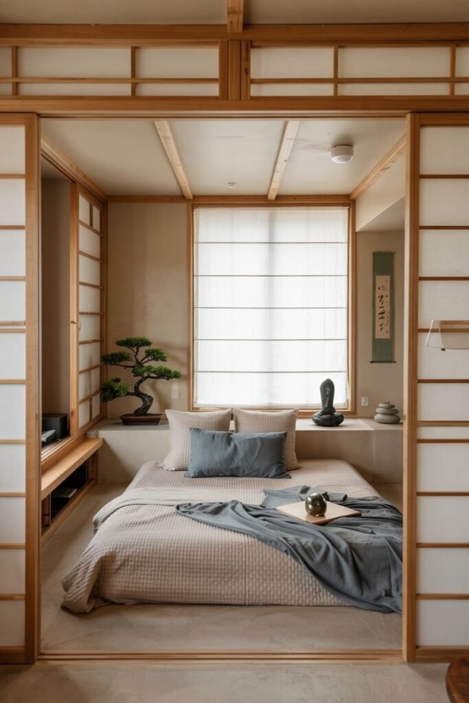 Cozy tiny bedroom decor with a Japanese-inspired aesthetic, featuring sliding shoji screens, a low bed on tatami mats, a bonsai tree, and minimalist decor, creating a serene and calming retreat.