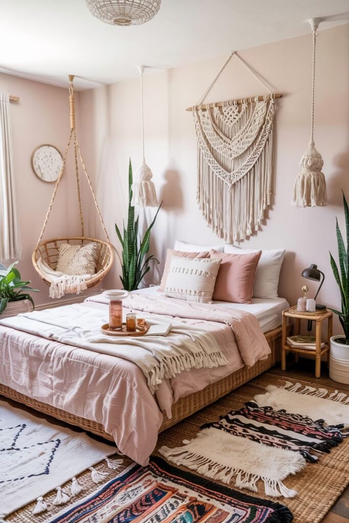 Cozy tiny bedroom decor with a playful hanging chair, multiple layered rugs on the floor for texture and pattern, a macrame wall hanging, and potted plants, creating a vibrant bohemian feel.