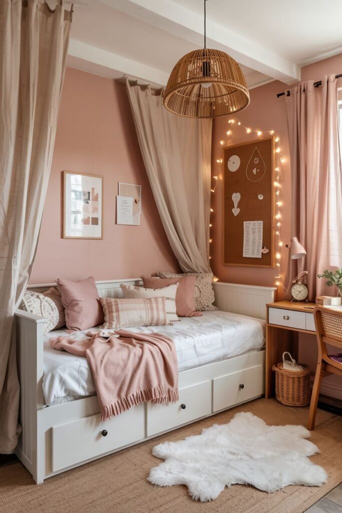 Cozy tiny bedroom decor with a daybed that has storage drawers, sheer canopy drapes hung from the ceiling, string lights, and a corkboard display, creating an intimate and personalized space.