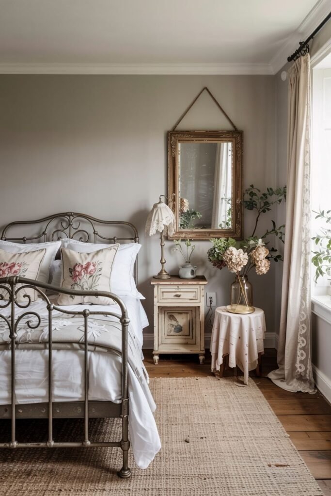 Cozy tiny bedroom decor featuring a vintage metal bed frame, floral accents on pillows and decor, an antique-style nightstand, and a simple woven rug, blending classic charm with comfort.