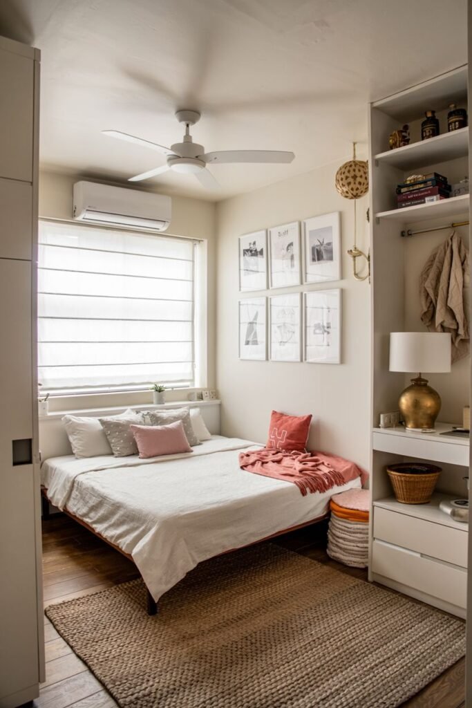 Cozy tiny bedroom decor in a compact layout, featuring vertical storage units, mirrored framed prints on the wall, a bed with neutral bedding, and a textured jute rug, optimizing the small space.
