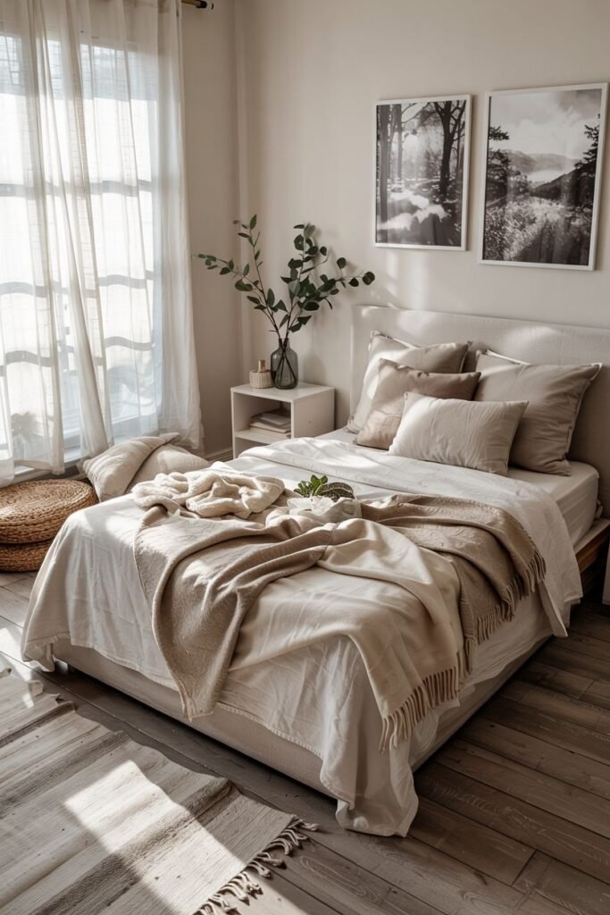 Cozy tiny bedroom decor filled with natural light filtering through sheer curtains, featuring layered textures on the bed, and wall art depicting natural landscapes, emphasizing a serene and comfortable space.