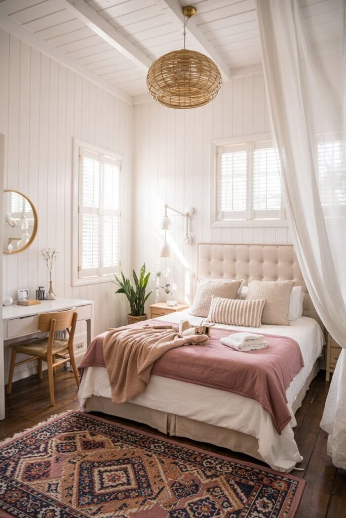 Cozy tiny bedroom decor with a comfortable tufted headboard, flowing sheer curtains that soften the light, a compact desk or vanity area, and a patterned rug, creating a soft and elegant look.