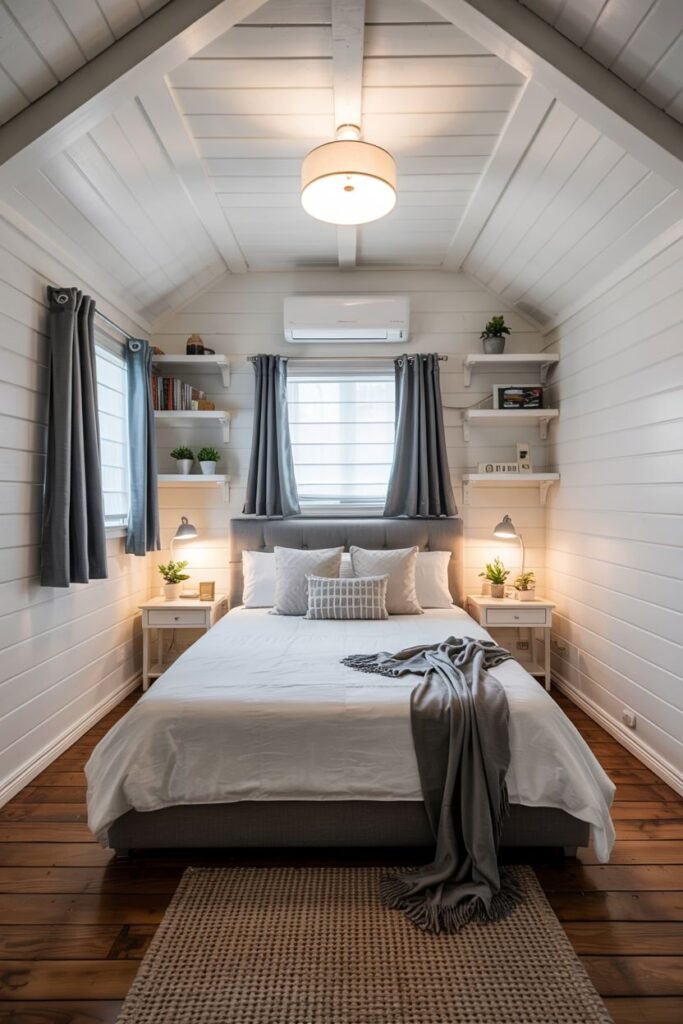 Cozy tiny bedroom decor featuring a symmetrical layout with matching nightstands and lamps on either side of the bed, open shelves above the nightstands, and a textured rug on dark wood floors.