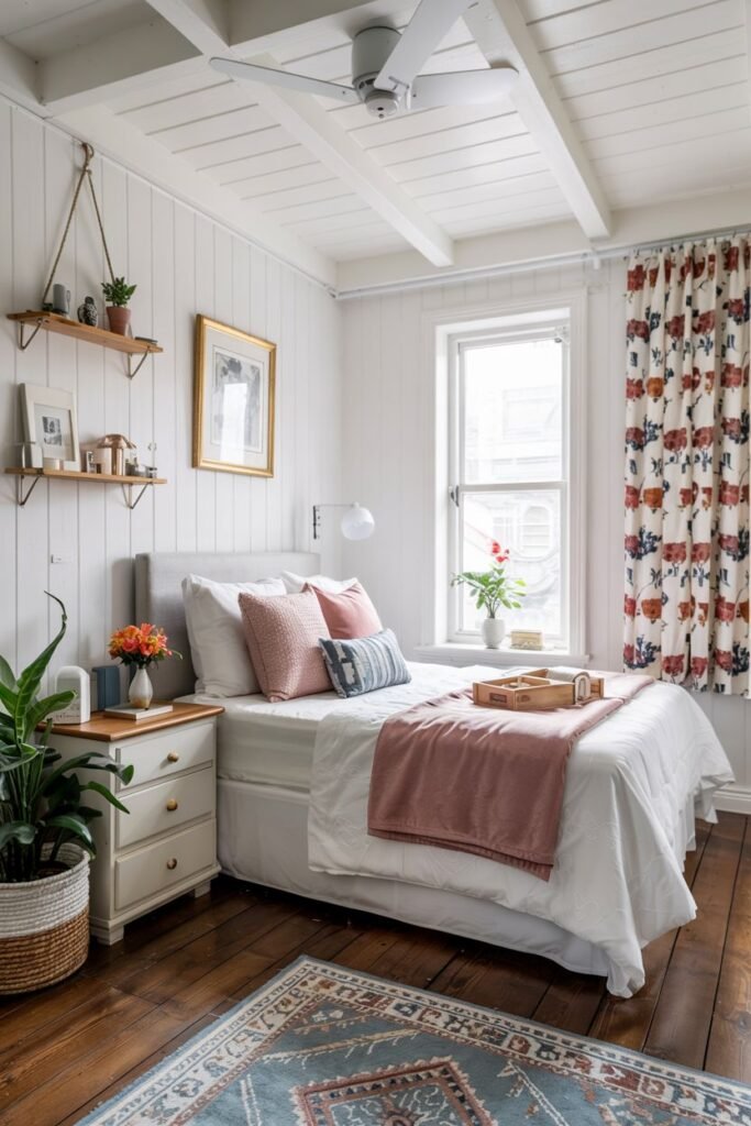 Cozy tiny bedroom decor adding personality with colorful patterned curtains, a unique hanging shelf system, a mix of textures and patterns in pillows and the rug, and potted plants.