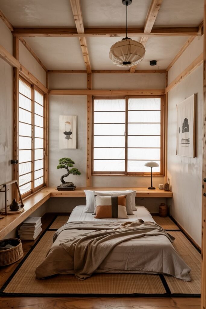 Cozy tiny bedroom decor with a low platform bed on tatami mats, rice paper screens covering the windows, minimalist decor including a bonsai tree, and a lantern light fixture, inspired by traditional Japanese design.