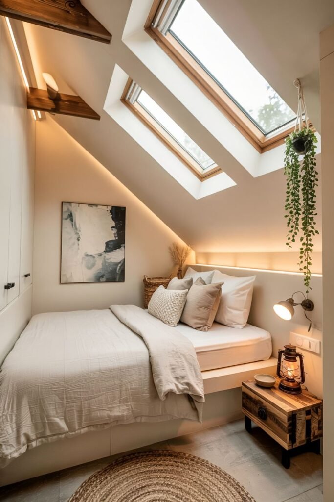 Cozy tiny bedroom decor working with slanted ceilings, featuring strategically placed LED strip lighting and wall-mounted lamps, skylights for natural light, a bed placed under the low ceiling, and a textured rug.