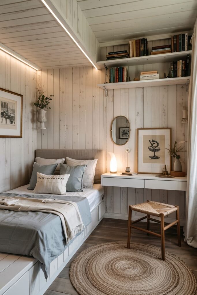 Cozy tiny bedroom decor featuring white wood paneling on the walls, a floating desk or shelf as a workspace, wall-mounted shelving above the desk, and a round jute rug, blending rustic elements with modern functionality.