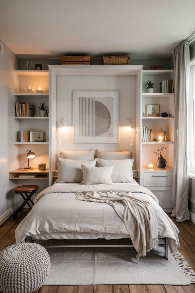 Cozy tiny bedroom decor featuring a wall bed surrounded by built-in shelving filled with books and plants, a small desk surface with a lamp, and a plush round ottoman, enhancing space and comfort.