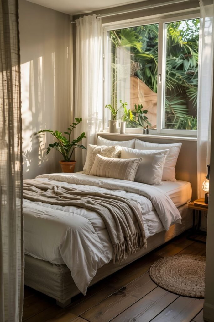 Cozy tiny bedroom decor incorporating multiple plants near a large window that floods the space with natural light, sheer curtains, and a round jute rug, bringing the outdoors in and adding warmth.