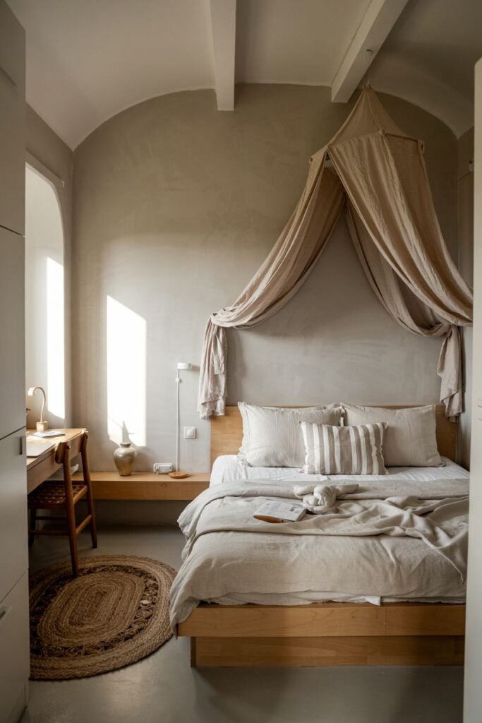 Cozy tiny bedroom decor with a fabric canopy hung over the bed, using natural wood for the bed frame, headboard shelf, and desk, and featuring a round jute rug to add texture and define the sleeping area.