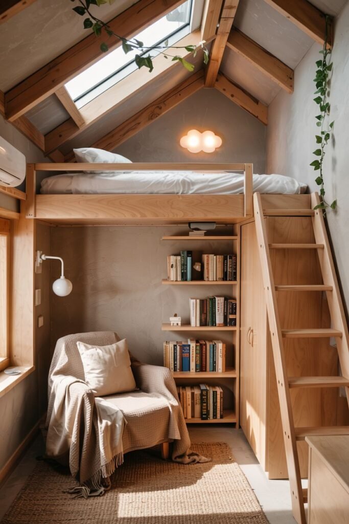 Cozy tiny bedroom decor maximizing vertical space with a loft bed positioned above built-in shelving and a cozy reading nook with an armchair, accessed by a wooden ladder.