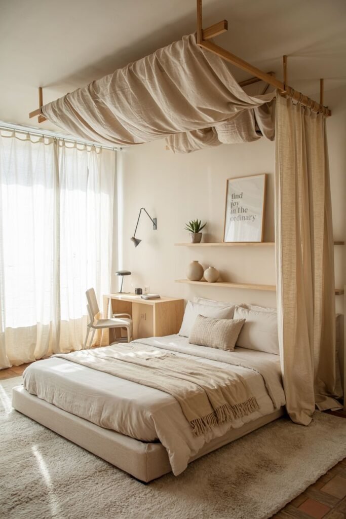Cozy tiny bedroom decor featuring a light fabric canopy suspended from the ceiling over a low platform bed, with minimalist furniture including a desk and floating shelves, creating a defined and airy space.