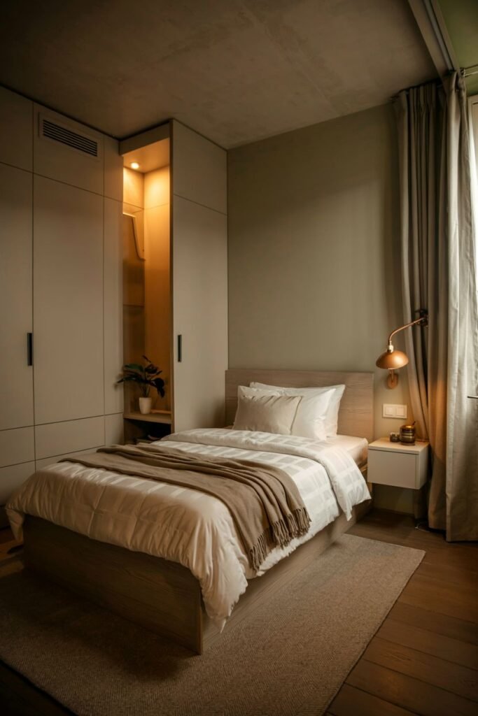 Cozy tiny bedroom decor utilizing a large, built-in wardrobe with a glowing lit niche for display, a single bed with neutral bedding, and a floating nightstand, optimizing storage and creating a warm ambiance.
