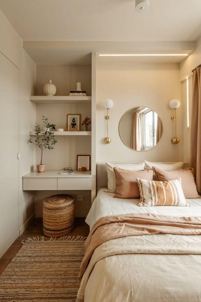 Cozy tiny bedroom decor featuring a round mirror above the bed to enhance space and reflect light, a floating desk with shelves, wall-mounted lights, and a textured rug, using warm colors and materials.