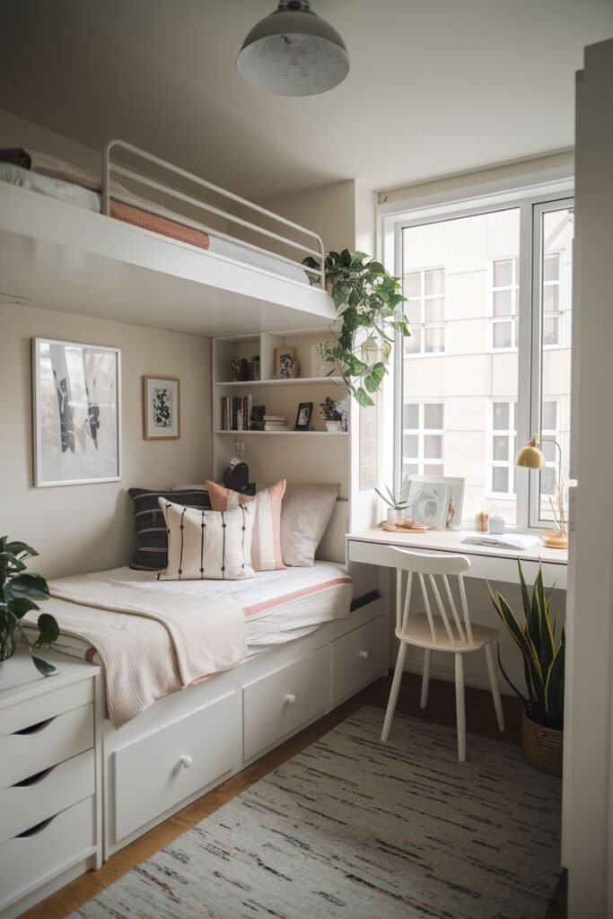 Cozy tiny bedroom decor with a bunk bed setup that includes integrated storage drawers below the bottom bed and a dedicated desk area under the top bunk, decorated with plants for freshness.
