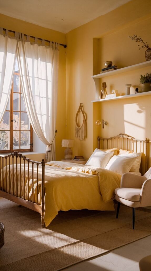 A cozy yellow bedroom with a bed, chair, and sunlight streaming through the window.