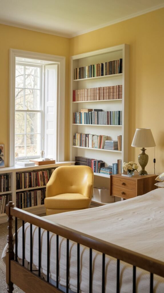 A cozy yellow bedroom featuring a bed, a yellow accent chair, and tall bookshelves.