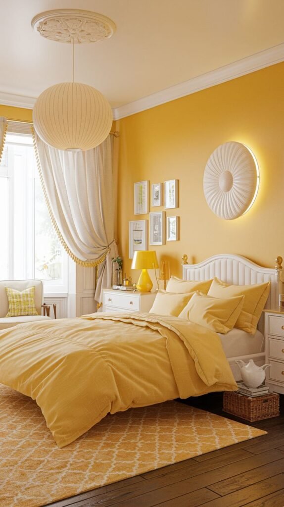 A cozy yellow bedroom with a bed covered in yellow bedding, a large round light fixture, and decorative elements on the wall.