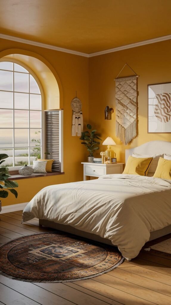 A cozy yellow bedroom with a bed, a round rug, plants, and a large arched window with a view of the sunset.