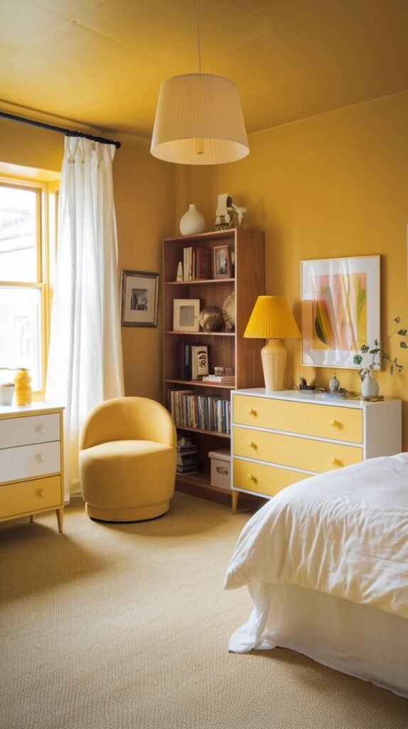 A cozy yellow bedroom with a bed, a yellow accent chair, a tall bookshelf, and a chest of drawers.