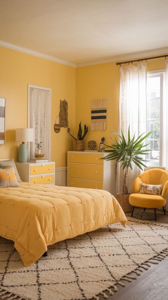A cozy yellow bedroom featuring a bed with yellow bedding, chests of drawers, a yellow accent chair, and a large plant.