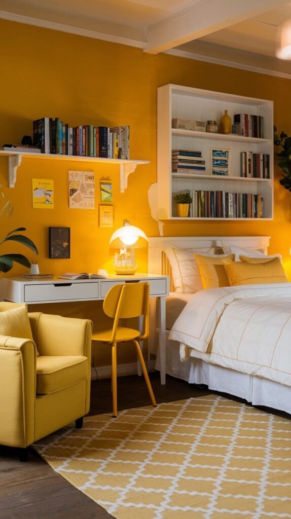 A cozy yellow bedroom with a bed, a desk, a yellow chair, and shelves filled with books.